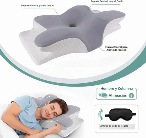 Vista 2 de Almohada cervical para aliviar el dolor de cuello – Almohada ergonómica de espuma viscoelástica con máscara para dormir, almohada ortopédica