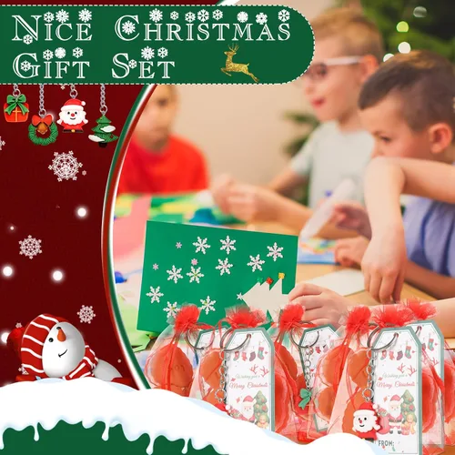 Vista 5 de Huquary 72 piezas de regalos de Navidad, juego de 24 regalos de Navidad para estudiantes, 24 llaveros de Papá Noel, 24 etiquetas de etiquetas, 24