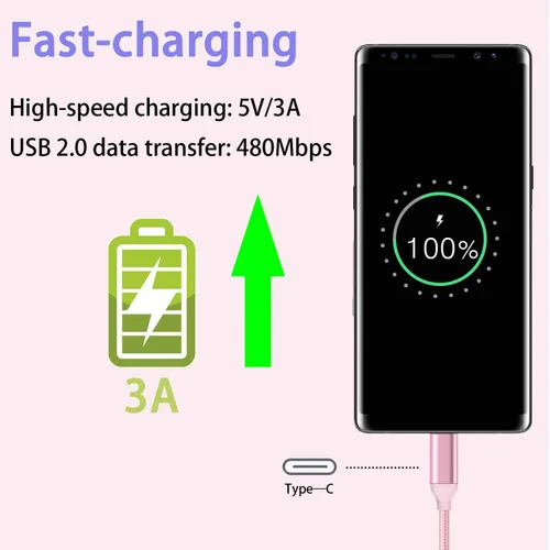 Vista 5 de Awnuwuy [2 unidades de 10 pies] Cable de carga USB tipo C rosa, cable largo para Android auto, USB A a USB C, cable de carga rápida para Samsung