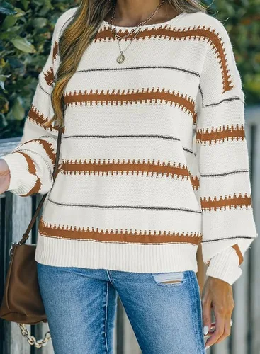 Vista 4 de Dokotoo - Suéter de bloques de colores para mujer, suéter de manga larga con cuello redondo, suéter sin botones