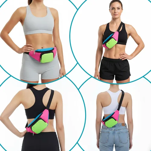 Vista 5 de Riñonera de neón de los años 80, 2 bolsillos, bolsas para cinturón de los años 90 para mujeres y hombres, paquetes retro de cintura para festivales