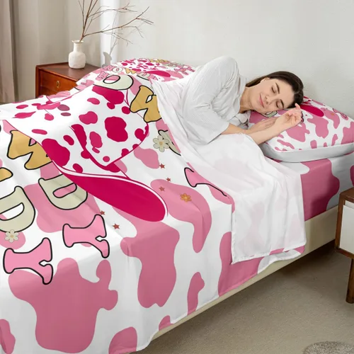 Vista 2 de Western Cowgirls - Juego de sábanas para niños, tamaño individual, con estampado de piel de vaca rosa, decoración de habitación de niños y adultos