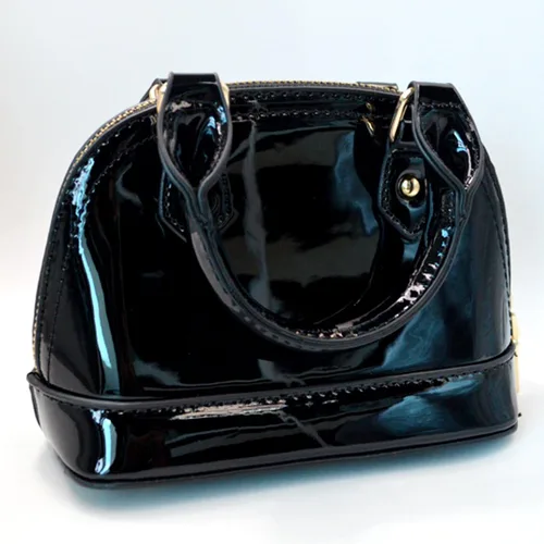 Vista 4 de Cremallera alrededor de la bóveda de cuero de patente Satchel Mini Top Handle Tote Bag Shell Shape Monedero Bolsos