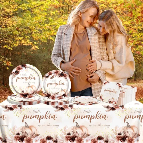 Vista 3 de Decoraciones de baby shower de calabaza pequeña, decoraciones de vajilla de otoño para baby shower, incluye platos de calabaza pequeña, servilletas