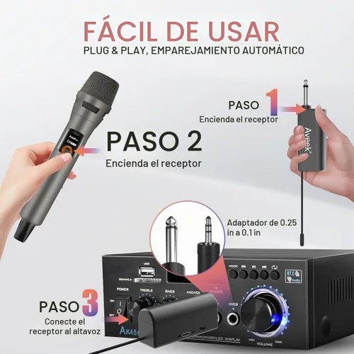 Vista 6 de Aveek Juego de 4 micrófonos inalámbricos, rango de 100 pies, batería 10Hs Marrón