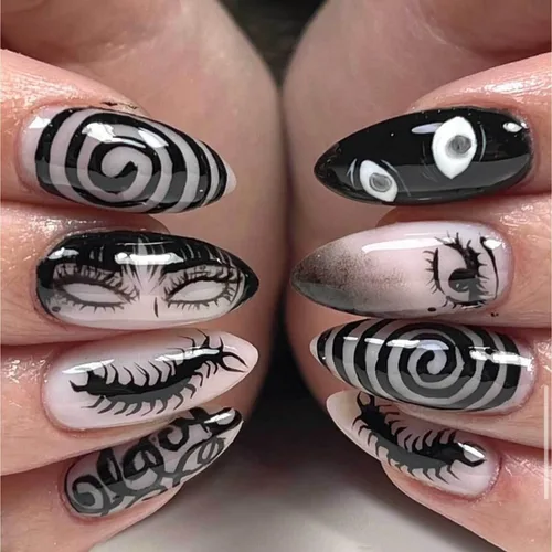 Vista 14 de Uñas postizas a presión de Halloween, uñas postizas de almendra, cobertura completa, uñas postizas rojas con diseños de gotas de sangre, punta 14