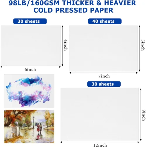 Vista 2 de 100 hojas de papel de acuarela de 3 tamaños, pintura a granel, papel blanco de prensa en frío, papel de color de agua para artistas, niños