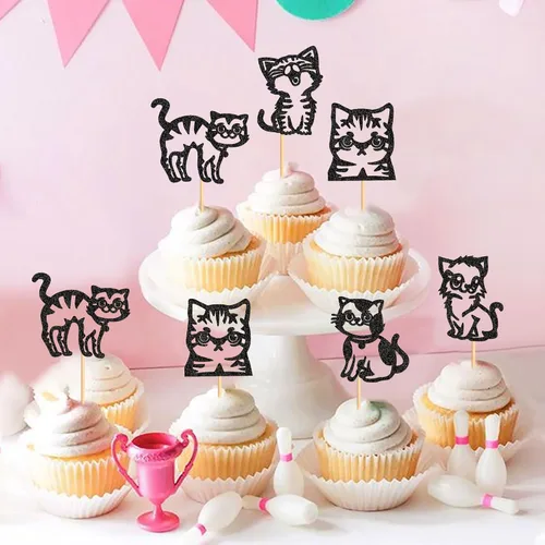 Vista 4 de Ercadio Paquete de 25 adornos para magdalenas de gatos, palillos para tartas de gatos negros, selecciones de cupcakes de animales, decoraciones