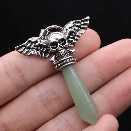 Vista 9 de LHJ 7 colgantes de piedra natural hexagonales puntiagudos chakras cristal ágata piedra cráneo ala diablo aleación diseño para hacer joyas collar