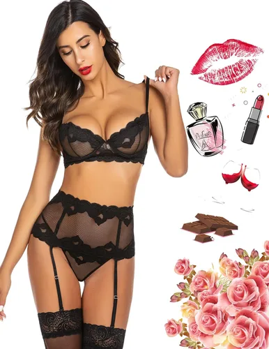 Vista 6 de ADOME Conjunto de lencería sexy para mujer con liguero sostén y bragas de encaje