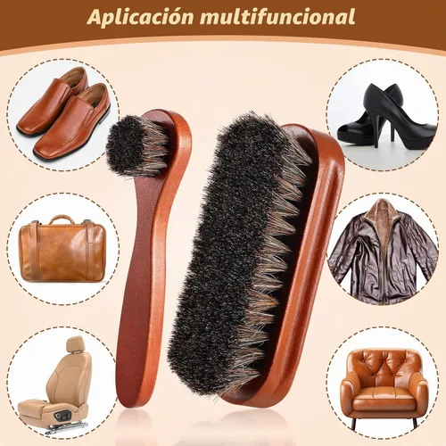Vista 4 de 2 piezas Juego de cepillo de zapatos de pelo de caballo para pulir Kit de cepillos aplicadores de brillo Limpieza de zapatos de cuero Botas Cepillos