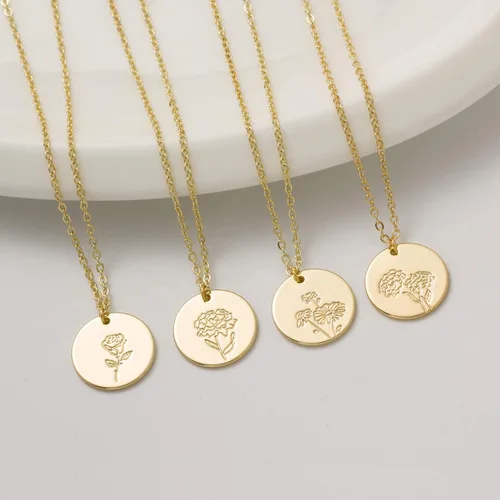 Vista 2 de Collar de flor de oro para mujer, chapado en oro de 14 quilates, collar con dije de moneda floral de nacimiento grabada