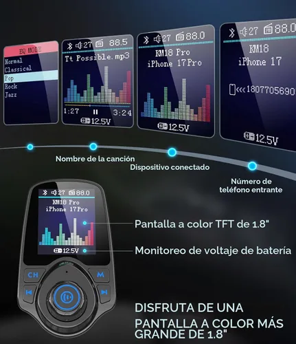 Vista 2 de Nulaxy [Versión mejorada 2026 KM18] Adaptador de coche 48 W Bluetooth 5.4 con pantalla a color de 1.8", Transmisor de radio FM inalámbrico con 2