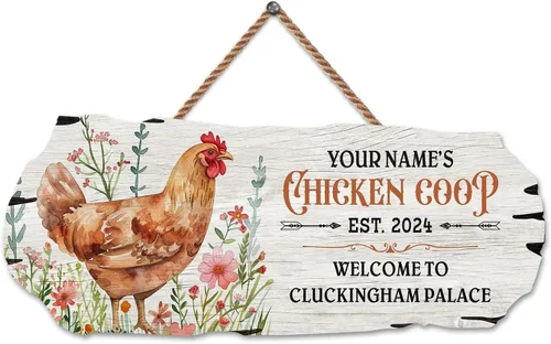 Vista 52 de Letrero de madera de gallinero personalizado para gallinero, diseño de granja esponjosa, varios tamaños, nombre personalizado, título y cita