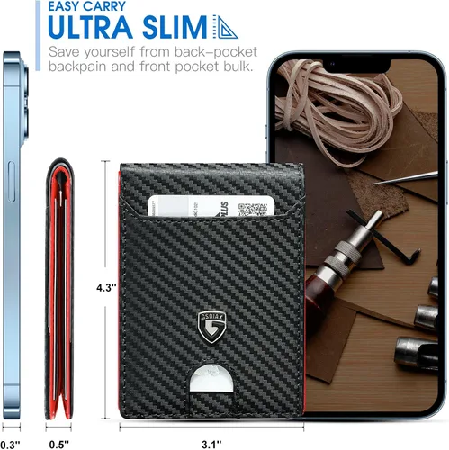Vista 3 de GSOIAX Billetera delgada para hombre con bloqueo RFID, carteras plegables para hombre, minimalista, cuero auténtico, fibra de carbono, clip