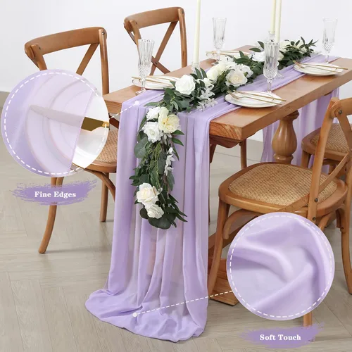 Vista 5 de Camino de mesa de gasa morado claro de 10 pies, paquete de 10 guirnaldas de gasa para boda, despedida de soltera, fiesta, tela transparente