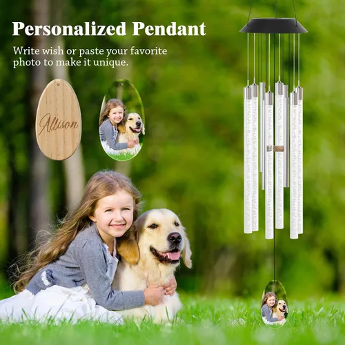Vista 7 de Carillones de viento solares para exteriores, carillones de viento conmemorativos de 37 pulgadas, regalos para mamá y abuela, 6 tubos LED que