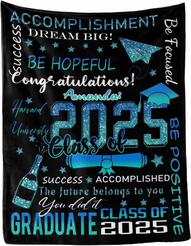 Vista 13 de MyPupSocks Manta personalizada para regalo de graduación, felicitaciones clase de 2025, manta azul personalizada de forro polar 2025 para hermana