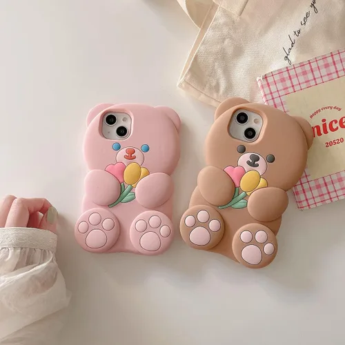 Vista 7 de Fundas de teléfono Kawaii para iPhone 6 Plus/7 Plus/8 Plus, linda funda de teléfono de oso de dibujos animados con flor, funda de teléfono de oso