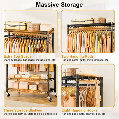 Vista 8 de ULIFHOME P7 - Perchero enrollable para ropa, estantes para colgar ropa, estante resistente para prendas con ruedas, estante de clóset portátil de 3
