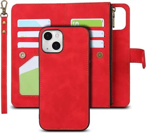 Vista 11 de iCoverCase Compatible con iPhone 13 - Funda tipo cartera para teléfono con tarjetero, piel sintética, bolsillo con cremallera, magnética