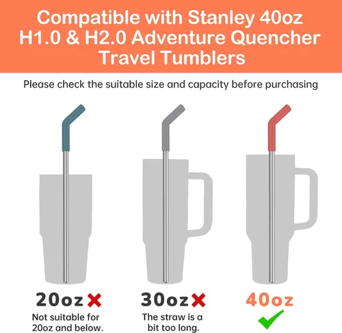 Vista 2 de Tomorotec 6 popotes de acero inoxidable con puntas de silicona para vaso Stanley de 40 onzas, juego de popotes reutilizables de 13 pulgadas