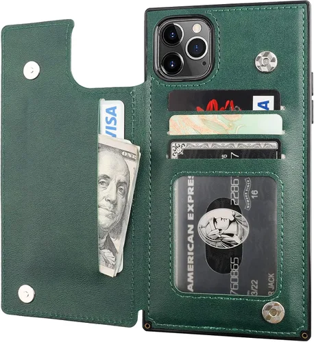 Vista 13 de Bocasal Funda tipo cartera para iPhone 11 Pro con tarjetero para tarjetas de crédito, piel sintética suave premium, función atril, cierre magnético
