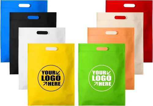 Vista 2 de Muka TOPTIE Paquete de 100 bolsas de mano con asa troquelada no tejida con impresión personalizada, bolsa de compras sellada térmicamente, bolsa