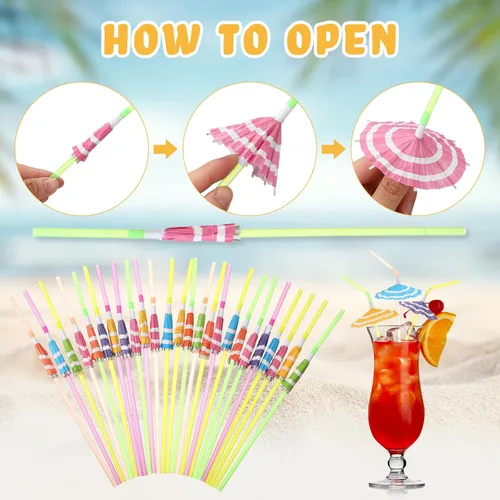 Vista 4 de Sieral 300 popotes para sombrillas, para decoración de fiesta Luau, pajitas de cóctel hawaianas flexibles con paraguas, popotes desechables