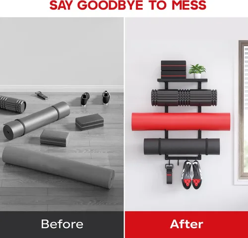 Vista 4 de Soporte de pared para esterilla de yoga, estante de almacenamiento de accesorios de yoga, organizador de accesorios de gimnasio en casa, estante