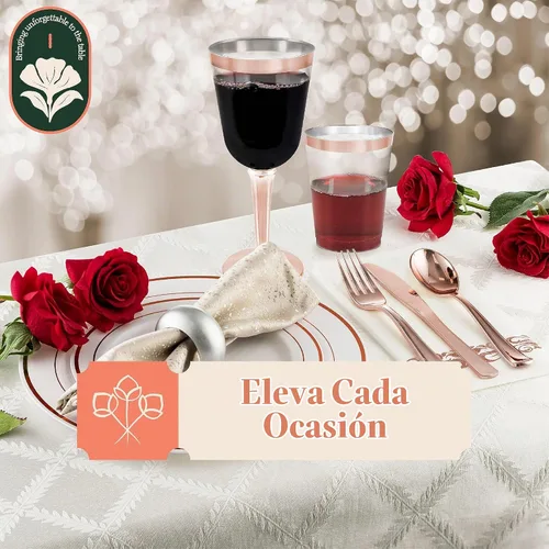 Vista 5 de 50 copas de vino desechables de plástico con borde de oro rosa, tamaño grande, 9.98 oz. BloominGoods - Vasos para bodas y eventos
