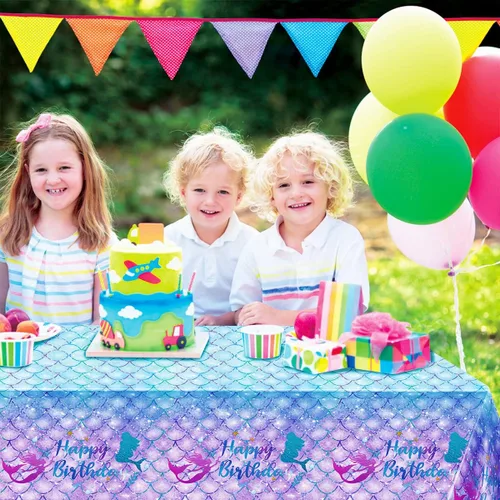 Vista 5 de DaiUni 1 mantel de cumpleaños de sirena para decoración de fiesta de cumpleaños, funda rectangular desechable de plástico para suministros de fiesta