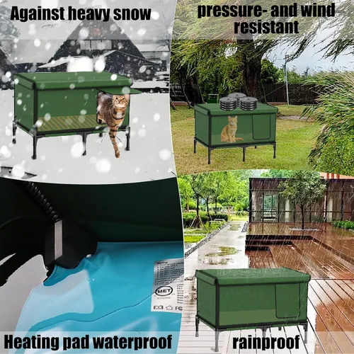 Vista 7 de Casa térmica para gatos al aire libre en invierno, casa para gatos impermeable y aislada, refugio elevado para gatos resistente a la intemperie