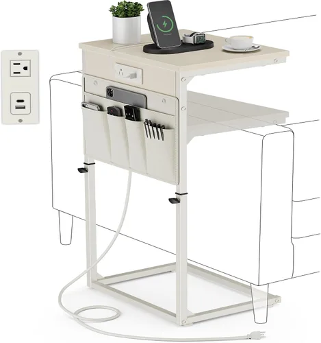 Vista 10 de Vagusicc - Mesa auxiliar en forma de C con estación de carga, mesa lateral de altura ajustable para sofá, mesa pequeña para sofá con laptop