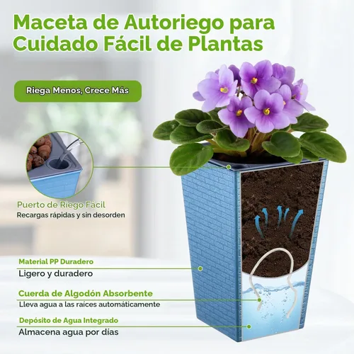 Vista 4 de Paquete de 2 macetas de riego automático de 10.7" x 6.9" para plantas de interior, macetas violetas de riego automático, macetas de flores de Azul