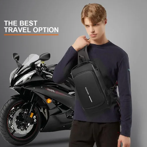 Vista 8 de Bolsa de motocicleta para hombre mochila cruzada impermeable sobre el hombro con carga USB Negro Mochilas Daypack