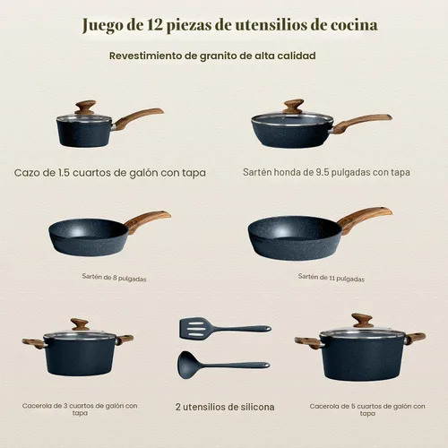 Vista 8 de Kitchen Academy Juego de ollas y sartenes antiadherentes, juego de utensilios de cocina de inducción de 12 piezas, juego de sartenes antiadherentes
