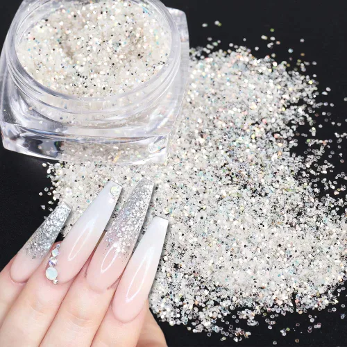 Vista 5 de Kits de arte de uñas holográficas, 6 cajas 3D con purpurina metálica brillante en copos acrílicos en polvo y lentejuelas para decoración holográfica