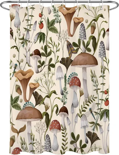 Vista 2 de HVEST Cortina de ducha de hongos de los años 70, varios hongos y hojas sobre fondo beige, cortina de baño con ganchos, accesorios de decoración