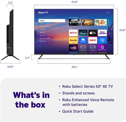 Vista 2 de Roku Serie Select de 55 pulgadas, Smart TV 4K UHD - HDR, Dolby Audio, compatible con Alexa, control por voz, Bluetooth, con cable HDMI AUX, plan