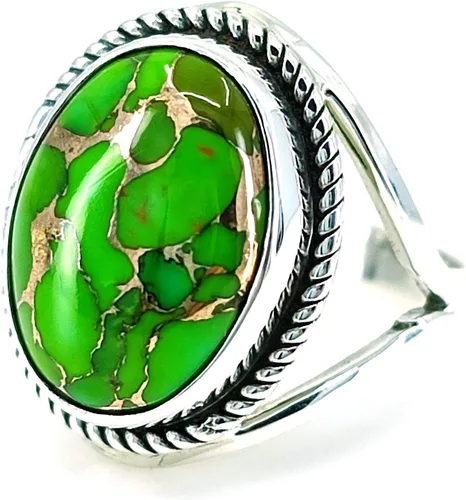 Vista 7 de Navya Craft Green Copper Turquoise Ring, 925 Sterling Silver Statement Promise Ring for Women, Natural Turquoise Oval Gemstone Handmade Boho