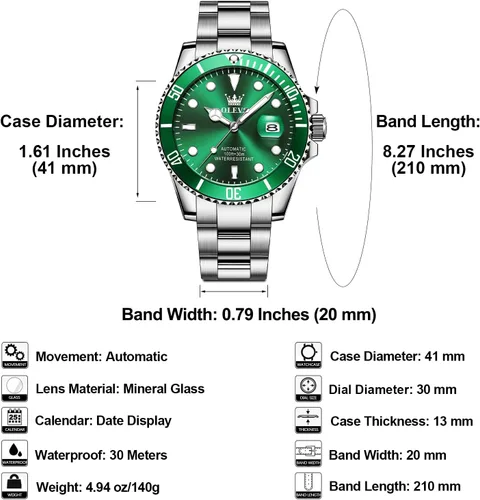 Vista 6 de Reloj automático de viento automático para hombre, reloj de lujo de acero inoxidable con fecha, reloj clásico impermeable con bisel giratorio