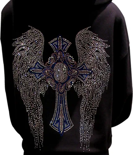 Vista 2 de Sudadera con capucha con cremallera negra con diamantes de imitación multicolor y alas de ángel, Negro