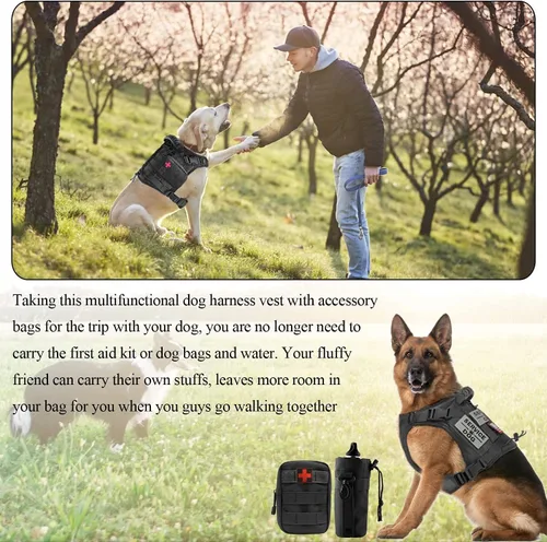 Vista 3 de Arnés táctico para perro con bolsas de entrenamiento militar K9 al aire libre, chaleco táctico desmontable para medicina y bolsas de agua, 3 parches
