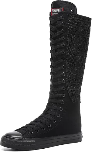 Vista 2 de Momuk Botas de lona de moda para niñas hasta la rodilla, Negro