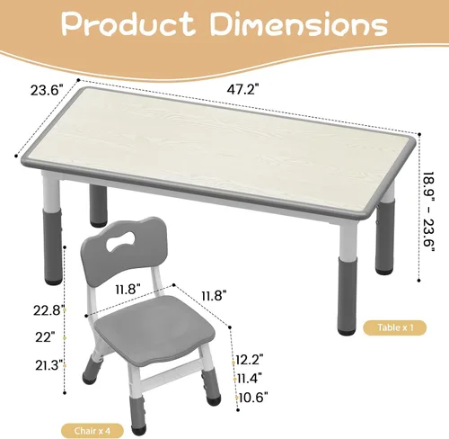 Vista 5 de Juego de mesa y 4 sillas para niños, mesa y sillas ajustables en altura para niños de 2 a 10 años, escritorio con graffiti, patas antideslizantes