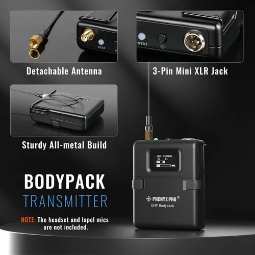 Vista 2 de Phenyx Pro Transmisor inalámbrico Bodypack, micrófono UHF Bodypack para PTU-1U/PTU-2U True Diversity Wireless Microphone Systems, con canales
