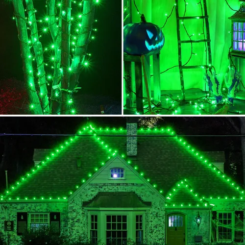 Vista 5 de kemooie 300 luces LED verdes de Navidad, 99 pies, 8 modos de parpadeo, enchufables, tira de luces de alambre verde, luces de Navidad impermeables