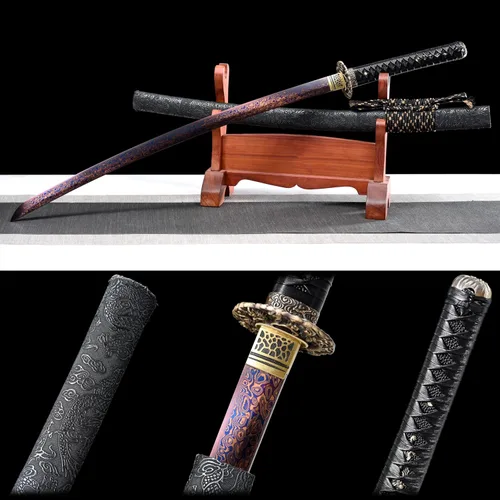 Vista 5 de Katana samurái japonesa azul horneada de acero Damasco de espiga completa, hecha a mano, decoración estampada Negro