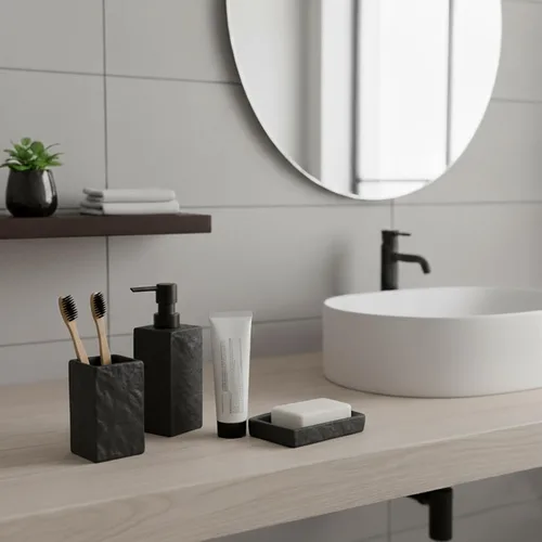 Vista 6 de Dispensador de jabón de manos y loción cuadrado de baño efecto piedra 9 Negro